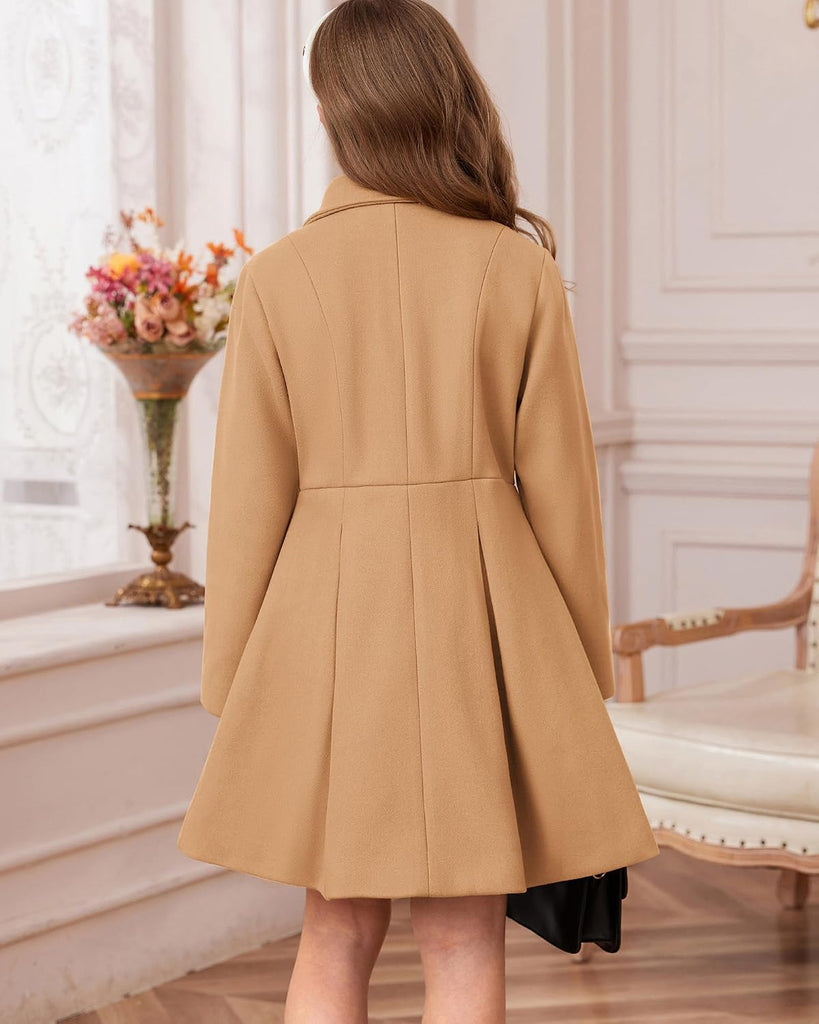 Girls Dress Coat Wool Peacoat with Lapel Pockets Winter Warm Long Jacket for Kids