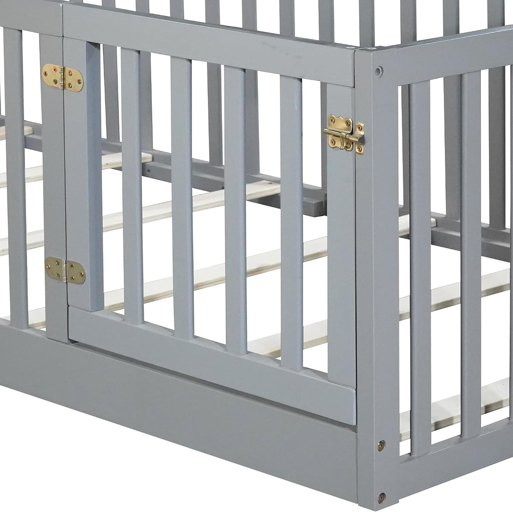Floor Bed with Slats and Door, Montessori Floor Bed with Rails, Easy Assemble Montessori Beds