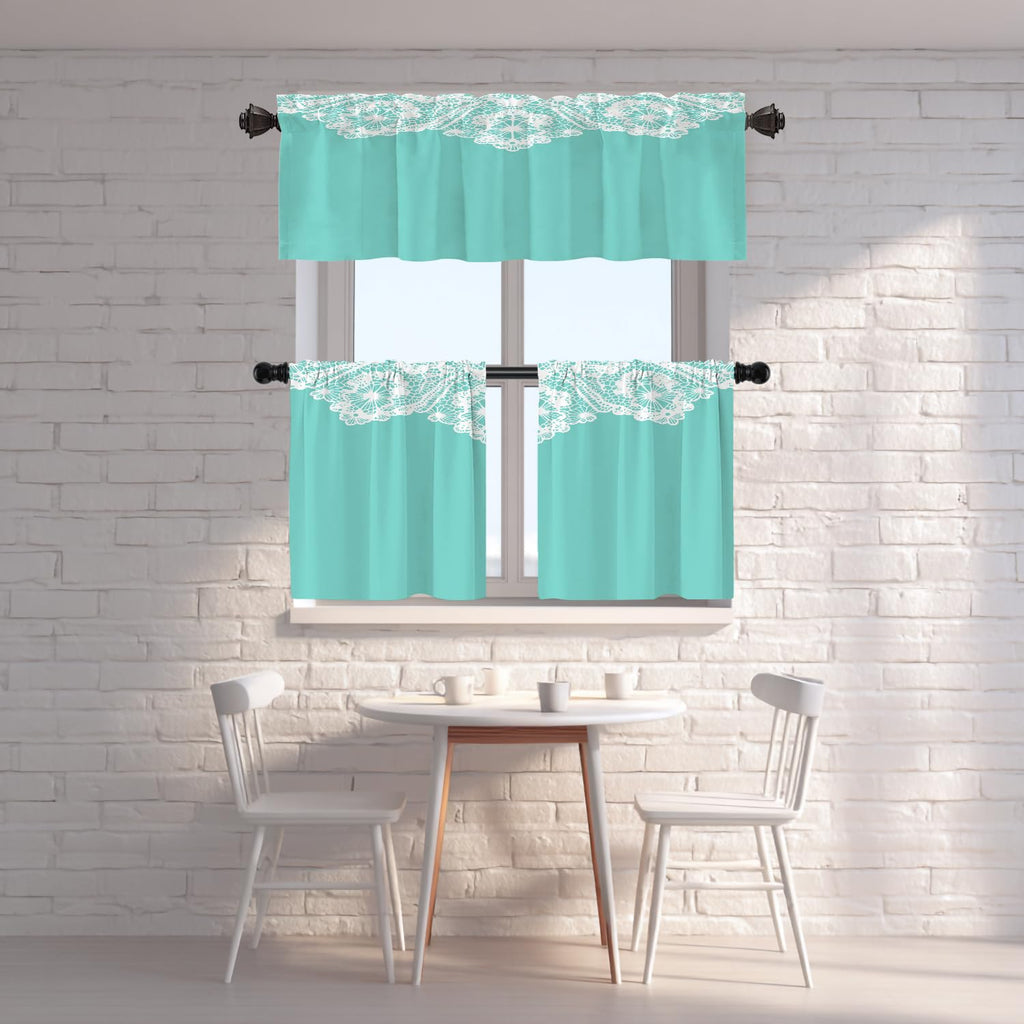 Robin's Egg Blue Turquoise Blackout Short Curtains for Windows, White Floral Lace Pattern Kitchen Valance Thermal