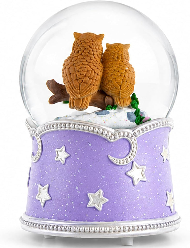 Owl Snow Globe Music Box with Color Lights, Beautiful Dreamer Tune, Glitter Musical Snow Globe, Rotating Owls