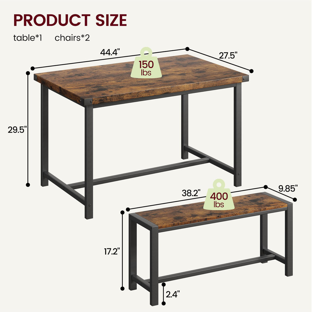 Dining Table Set for 4, Kitchen Table with 2 Metal Wood Benches, Rectangular Room Dining Table Set, 3 Piece Bench