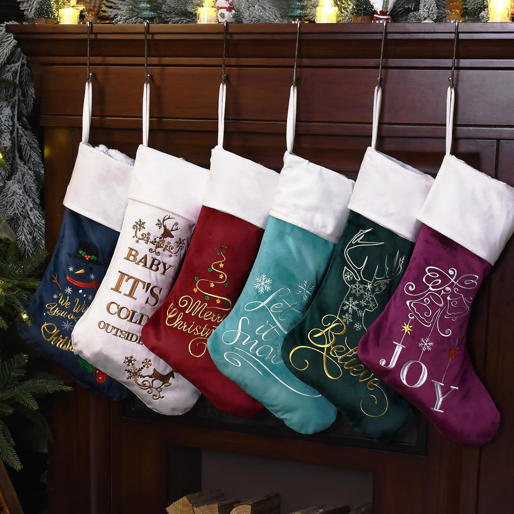 Pack of 6 Luxury Velvet Christmas Stockings, Quality Embroidered Patterned Xmas Stockings Large, Classic Christmas