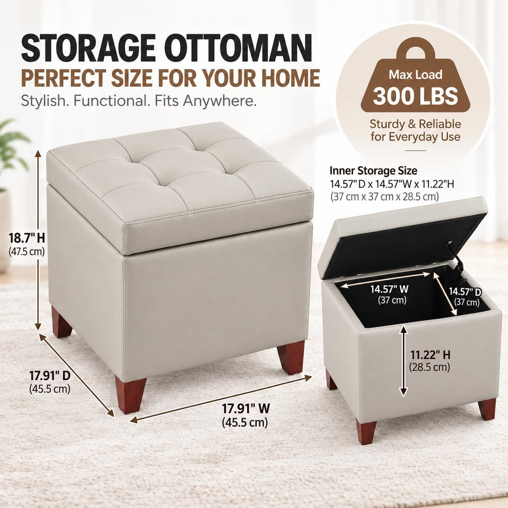 18" Square Storage Ottoman, Premium Faux Leather Lift-Top Footrest & Coffee Table, Modern Upholstered Cube with