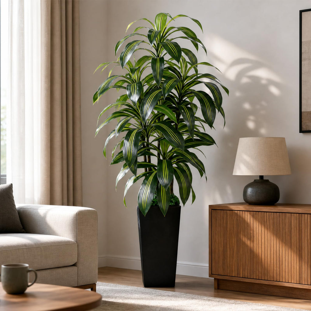 5FT Artificial Dracaena Tree, Fake Tree Indoor with Black Tall Planter, Tall Artificial Plants Indoor, Artificial Silk