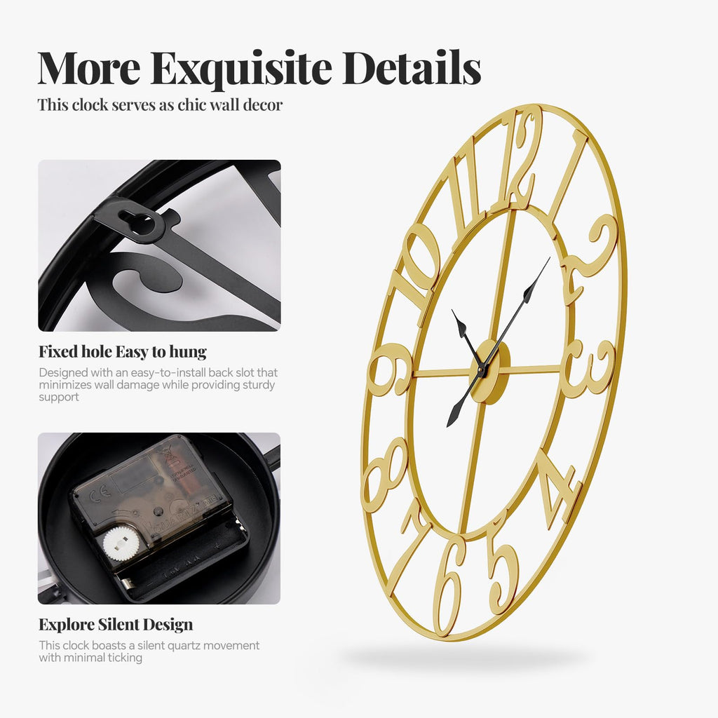 Gold Wall Clock Decor, 24 Inch Large Metal Clock