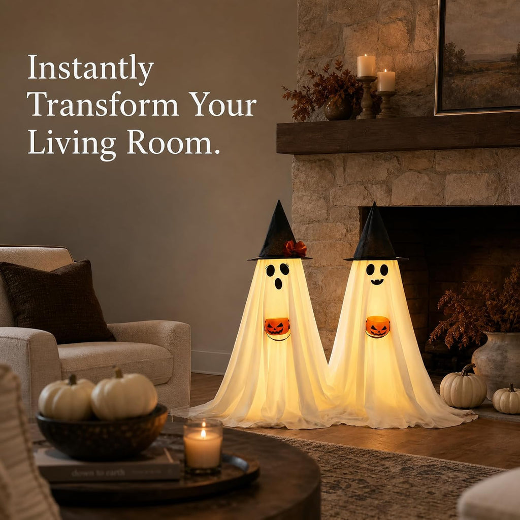 Halloween Decorations Indoor Lighted Ghost, 2 Pack Cute Light Up Ghosts - Set of 2