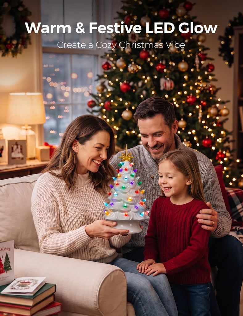 13in White Pre-lit Ceramic Christmas Tree, Battery Powered