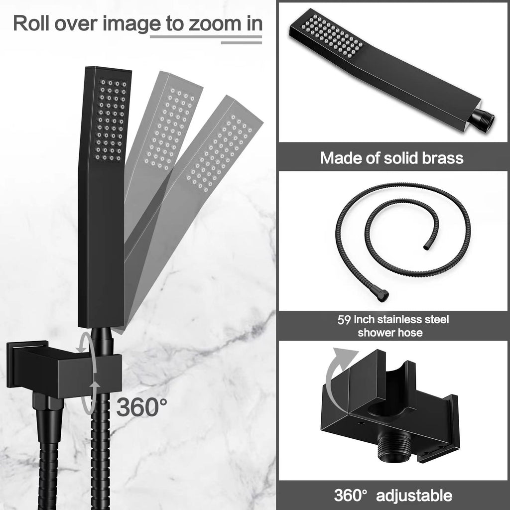 Matt Black Shower System Rain Faucet Set with Tub Spout, 12 inch