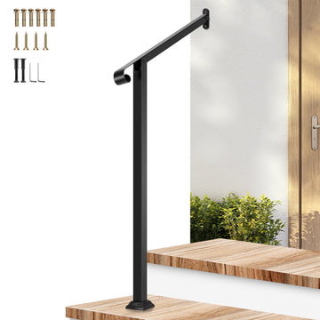 2-Step Stair Handrail 32"x39" Wrought Iron with 1 Curved End Black