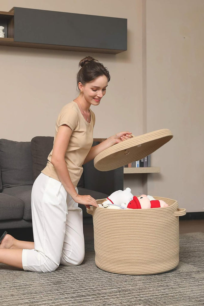 16x18 Inch Extra Large Round Cotton Rope Storage Basket with Lid, Decorative Woven Bin with Cover Bedroom Closet