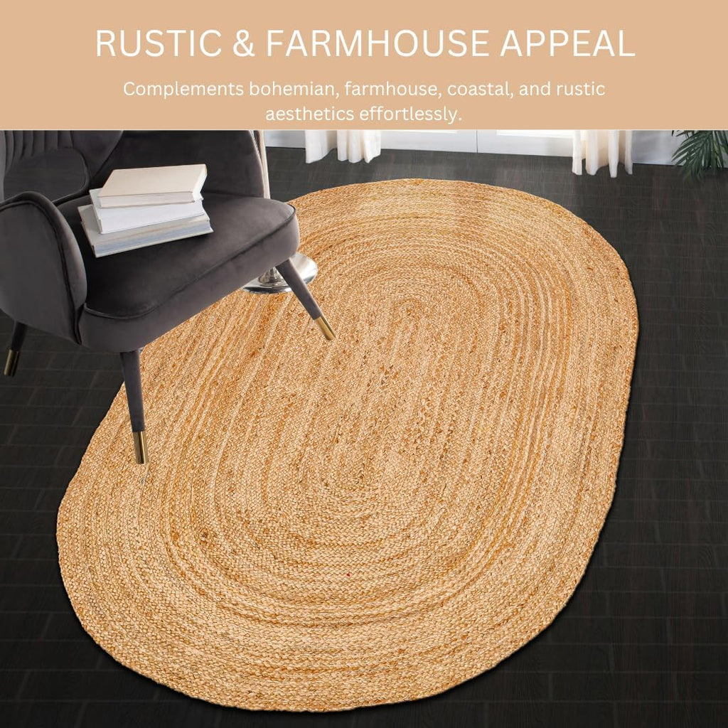 Handcrafted Jute Braided Rug Oval - 100% Natural Jute Area Rug - Rustic Farmhouse Boho Accent Rug Bedroom