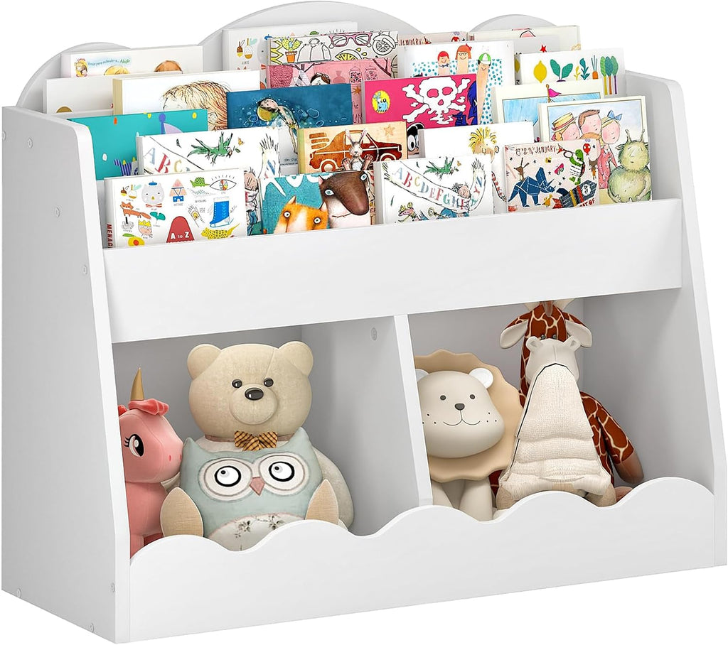 Kids Bookshelf and Toy Storage, Children's Bookcase with 2 Toy Cubes, Toddler Book Shelf for Kids Room, Wooden Book