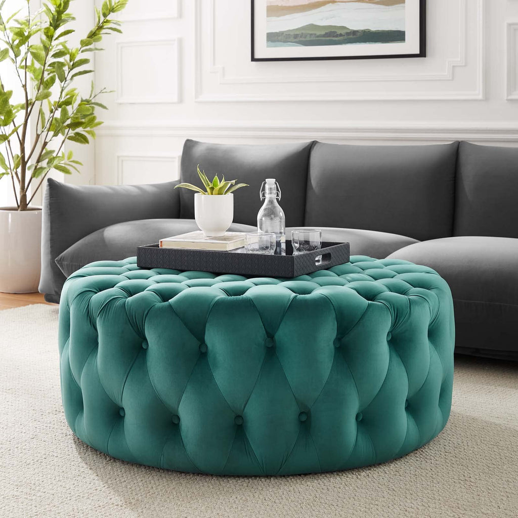Amour Tufted Button Large Round Performance Velvet Ottoman in Teal