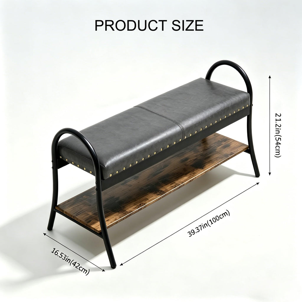 39.4" Shoe Bench with Shelf, Industrial Faux Leather Entryway Bench