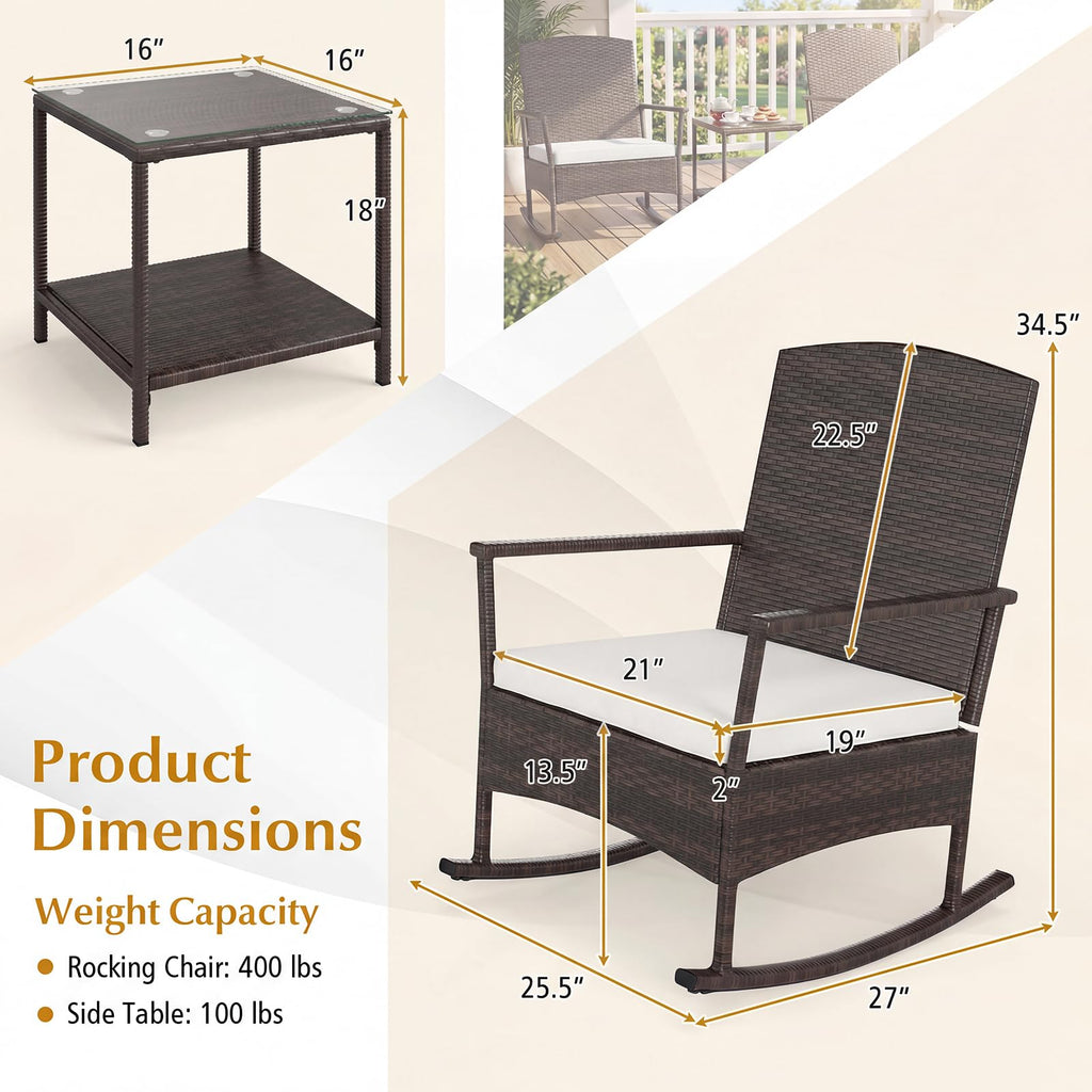 3 Pieces Rocking Wicker Bistro Set, Outdoor Front Porch Rocker Chairs Conversation Set with 2-Tier Tempered Glass