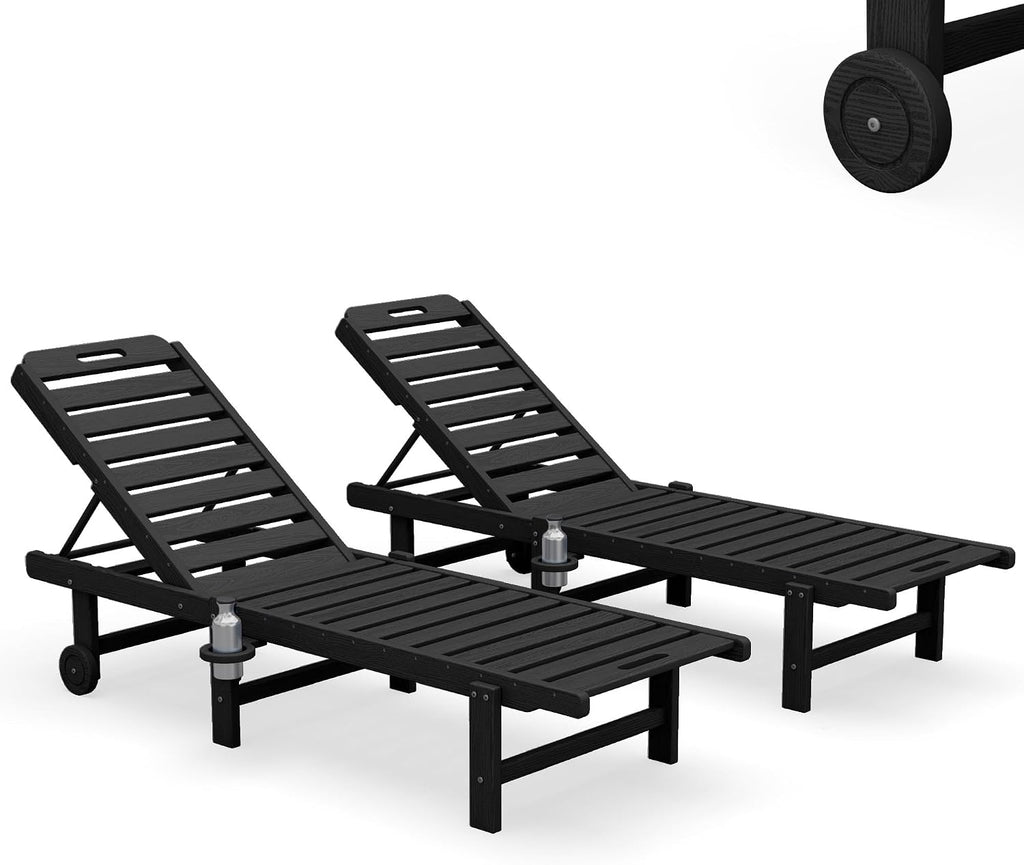 HDPE Outdoor Chaise Lounge Set of 2 with Cup Holder & Wheels, Black | Weather-resistant chaise lounge resists fading