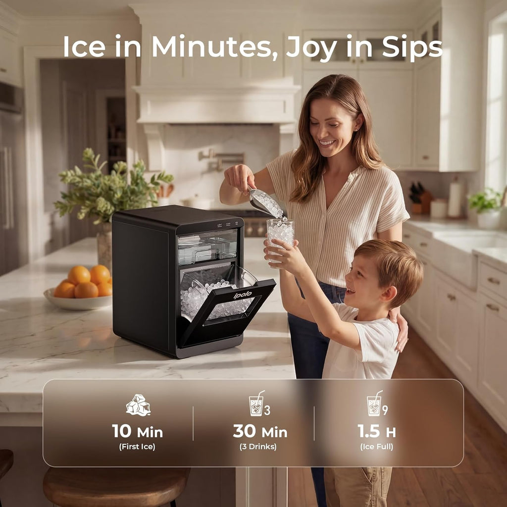 Nugget Ice Maker Countertop: 44lb/Day, Self-Cleaning, Black Stainless Steel, Portable, Soft Chewable Pebble Ice