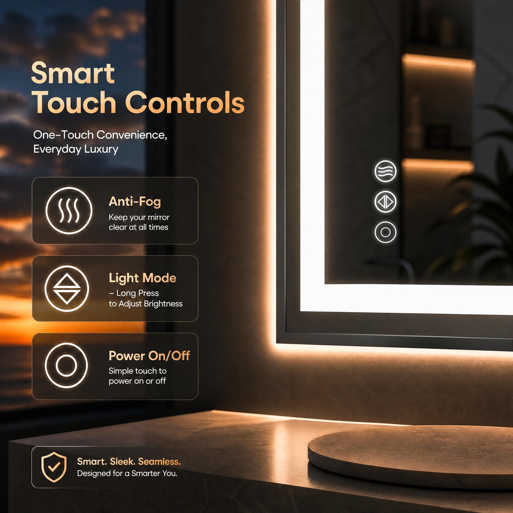 24X36 LED Bathroom Mirror with Lights, Vanity Mirror for Wall with Black Frame, Touch Control, Anti-Fog, Dimmable