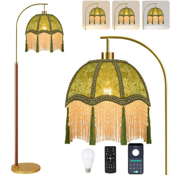 Wood Floor Lamps Vintage Gold Floor Lamp with Remote Control & 3 Color Temperature, Dimmable Floor Lamp Mid Century