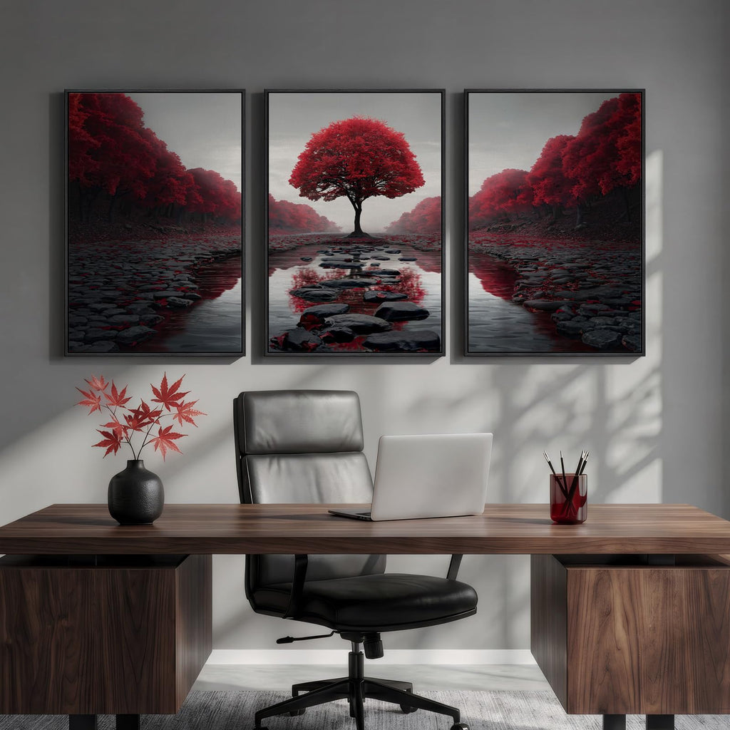 Large Framed Burgundy Tree Landscape Wall Art, 24x36 Inch