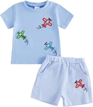Toddler Boy Summer Outfits Baby Boy Airplane Short Sleeves T-Shirt Plaid Shorts Set Infant Boy Clothes Set