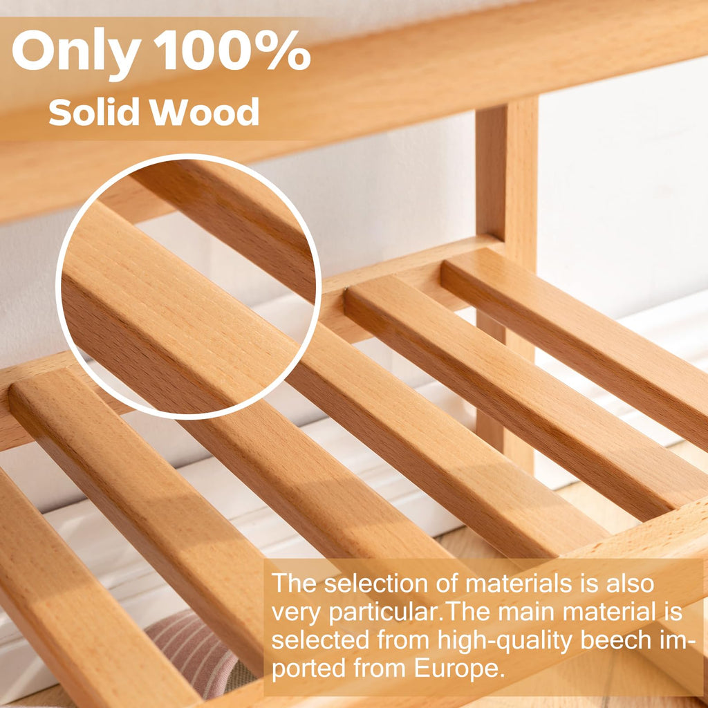 Solid Wood Shoe Bench, Shoe Rack Bench Assembled with Cushion, Beech Wood, 11.8" x 23.6" x 16.5", Natural