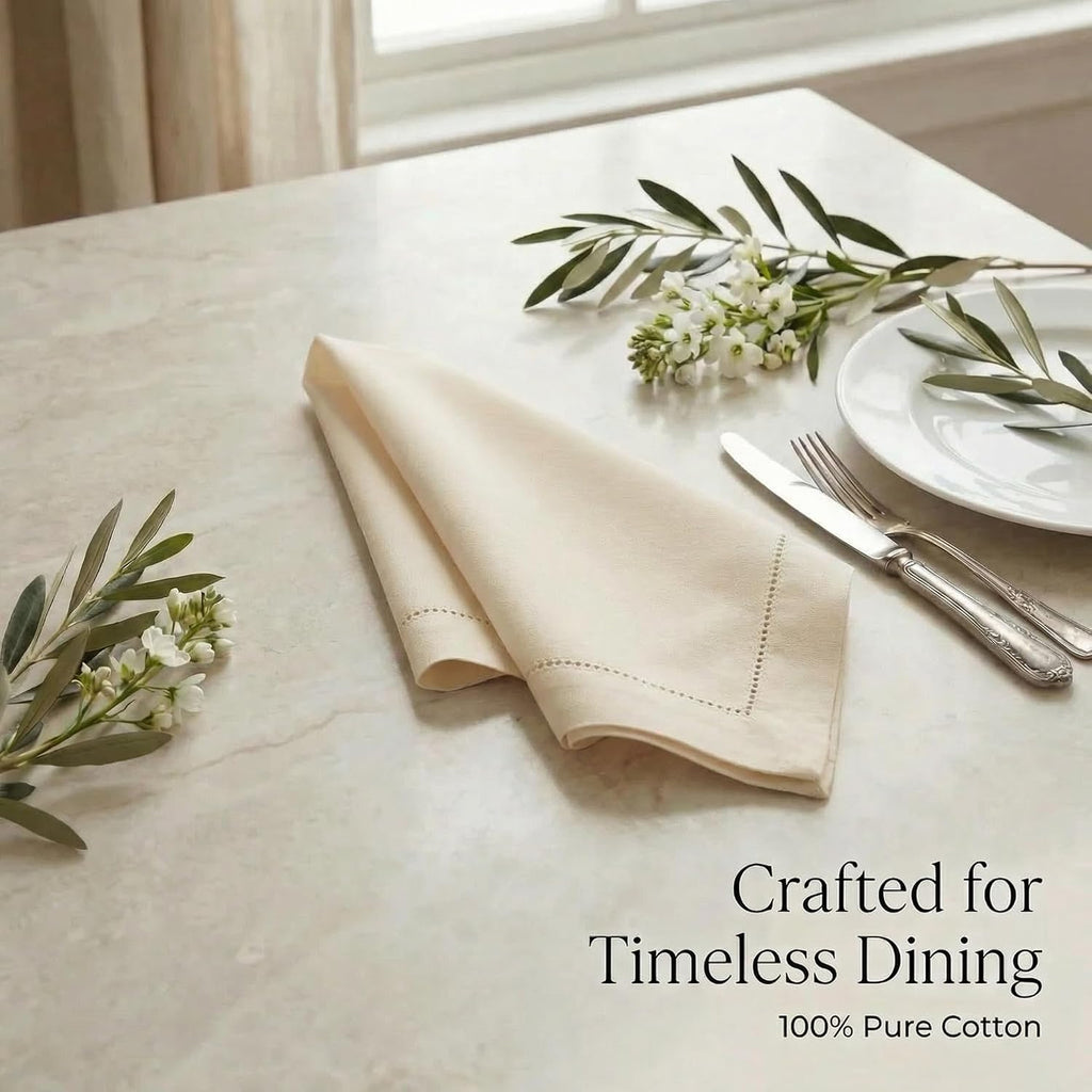 Cloth Napkins Ivory Hemstitch Dinner Napkins Set of 12 (20X20) 100% Cotton Absorbent Washable Durable Reusable Ideal
