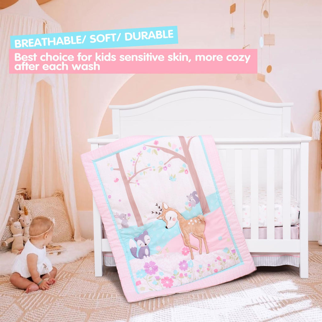 Crib Bedding Set for Girl 3 Piece Woodland Baby Girl Crib Bedding Set