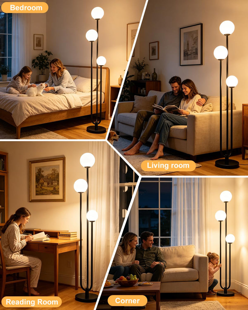 63IN Black Floor Lamp Dimmable with Mid Century Standing Lamps, 3000K Warm White Bulbs Included, Modern Globe Floor