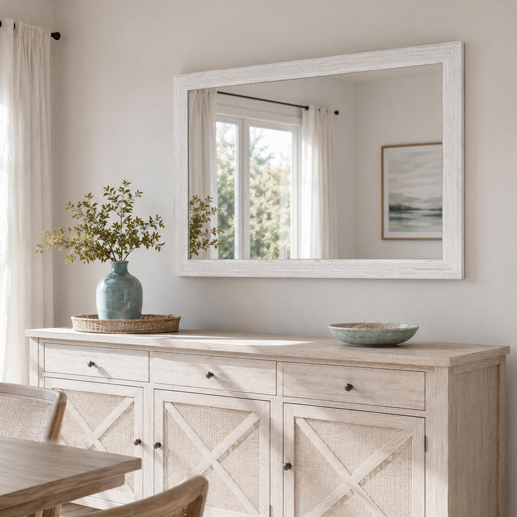 24"x36" Farmhouse Wall Mirror for Mantle & Bathroom, Distressed White Wood Texture, Coastal Rustic Vanity Mirror for