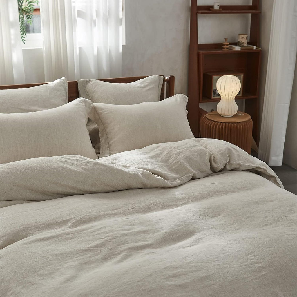 100% Linen Duvet Cover Set with Embroidery Border Washed - 3 Pieces (1 Duvet Cover with 2 Pillow Shams) with Button