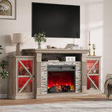 QUW Electric Fireplace TV Stand, 70" Farmhouse Entertainment Center with Open Shelf and Glass Barn Door Cabniet