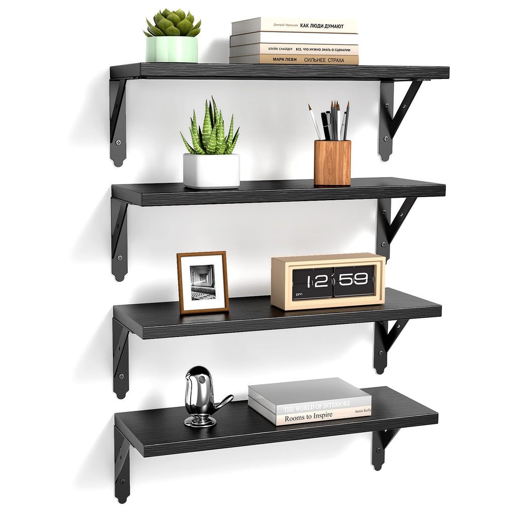 Wood Wall Floating Shelves Set of 4, 17" x 6" - Black