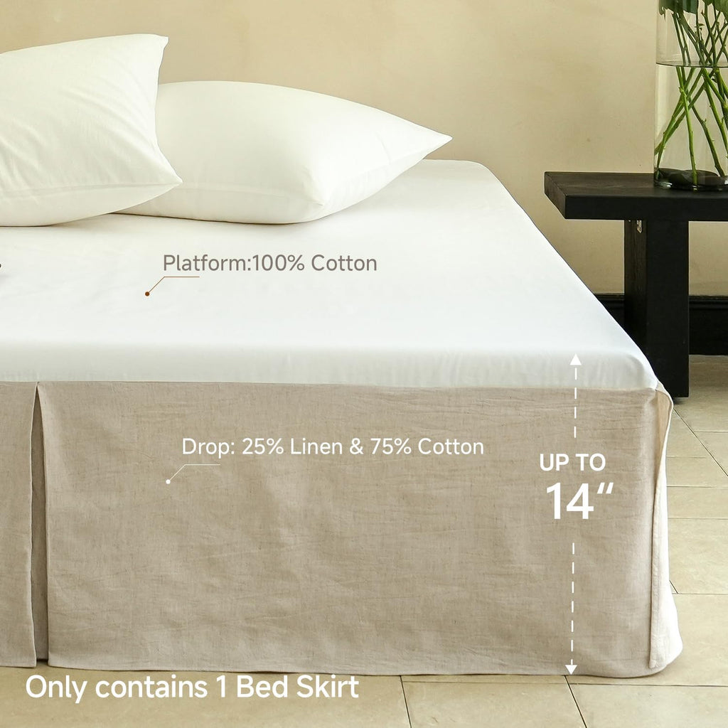 French Linen Bed Skirt with Classic 14 inch Drop Dust Ruffle, Tailored Draped Natural Flax Cotton Blend Basic Dust