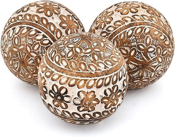 Decorative Balls Mango Wood Handmade Intricately Carved Ball with Floral Patterns (3" x 3"x 3") - Set of 3