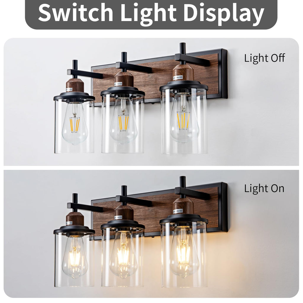 3-Light Farmhouse Bathroom Light Fixtures Vintage Vanity Lights Over Mirror Black and Wood Painted Metal Vanity Light