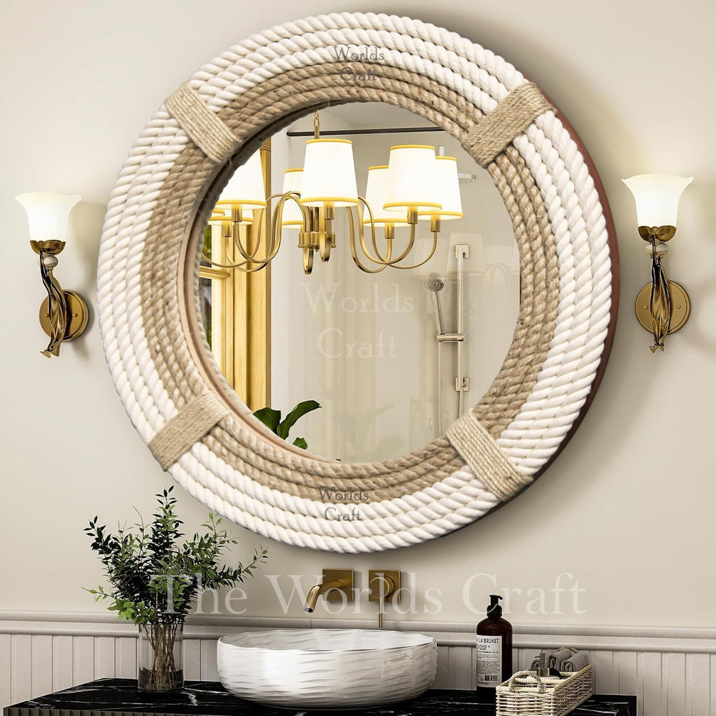 Nautical Hampton Round White Rope Mirror Twisted Rope Home Decor Art Wall Hanging Mirror Coastal Cotton Rope Mirror