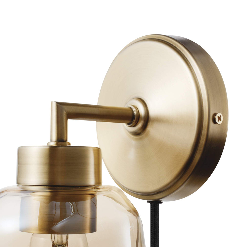 Matte Brass Plug-in or Hardwire Wall Sconce with Smoked Amber Glass Shade and in-Line On/Off Switch