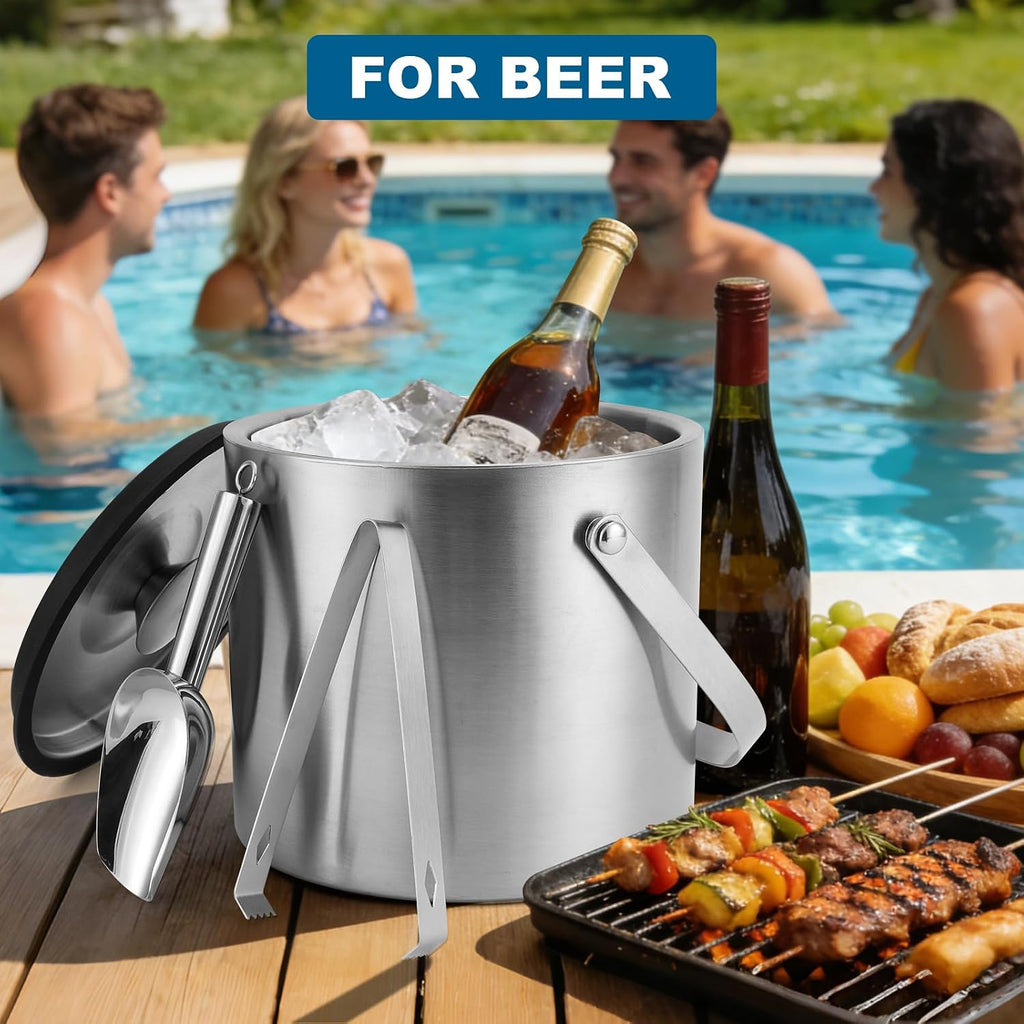 4L Stainless Steel Ice Bucket for Parties Double wall with Lid,Scoop& Tongs