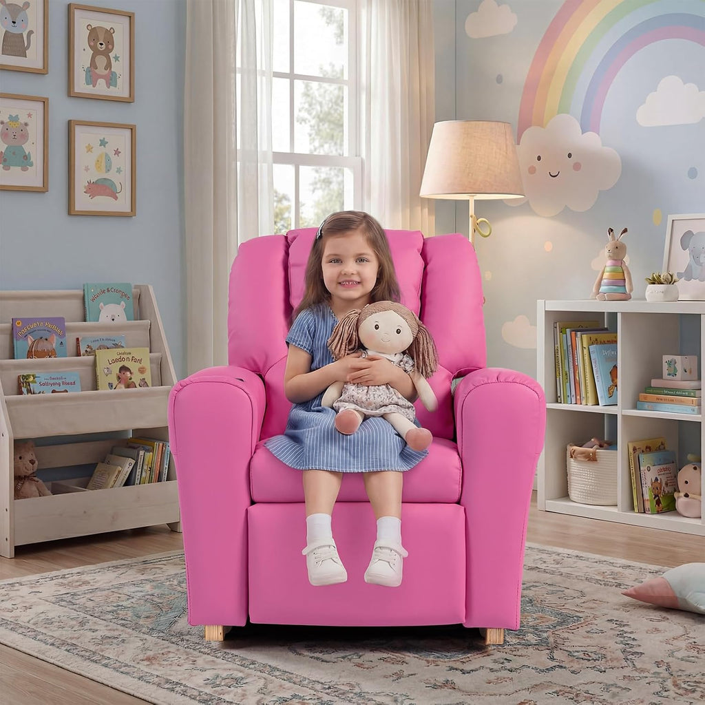 Kids Recliner Chair with Cup Holder, Leather Toddler Recliner with Adjustable Backrest, Curved Rocking Legs and Comfy