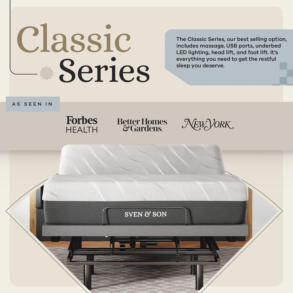 Classic Adjustable Bed Base, Head and Foot Lift, Massage, Under-Bed Lights, USB, Gel Memory, Zero Gravity Smart Frame