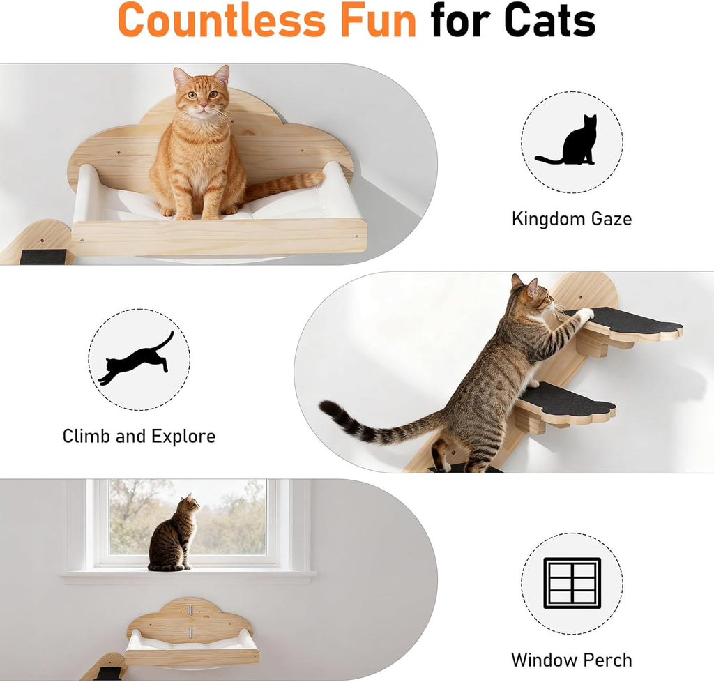 Cat Wall Hammock Mounted Bed with 4 Climbing Steps, Modern Cats Shelves and Perches up to 30lbs, Wooden Kitten Wall