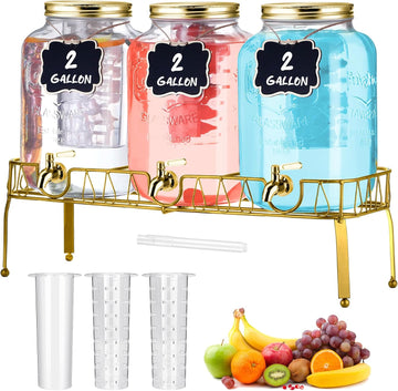 Gallon Glass Drink Dispenser with Stand and Lid Mason Jar Beverage Dispenser with Stainless Steel Spigot - Set of 3