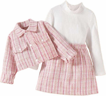Toddler Girl Skirt Set Long Sleeve Knit Ribbed Turtleneck Shirt Tops+Mini Skirts+Plaid Tweed Jacket Winter Outfits