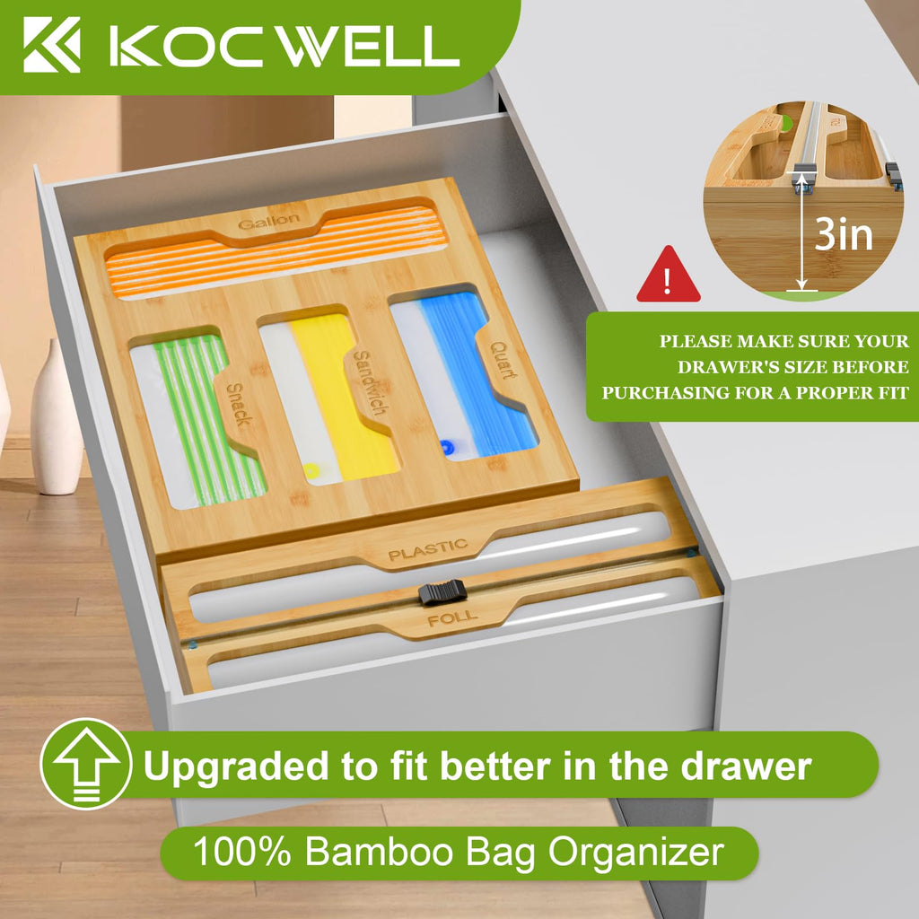 Bamboo Bag Storage Organizer - 2 Wrap Dispenser with Cutter & 4 Slots Food Storage Bags Container - Kitchen Drawer