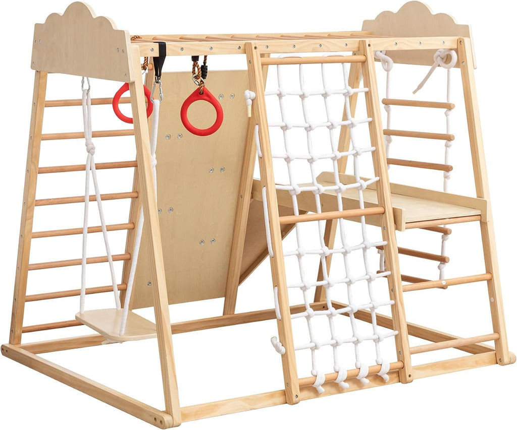 In-1 Wooden Indoor Jungle Gym for Toddlers, Montessori Climbing Playset with Slide, Swing, Climbing Net, Rings