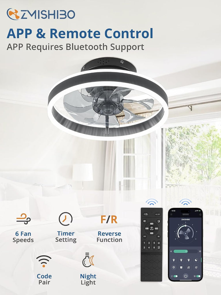 Low Profile Ceiling Fans with Lights and Remote, 13 Inch Fandelier Ceiling Fan with Light, Black Modern Flush Mount Ceiling Fan, Small Dimmable LED Fan Lights for Bedroom A101-B0D2KW3N48