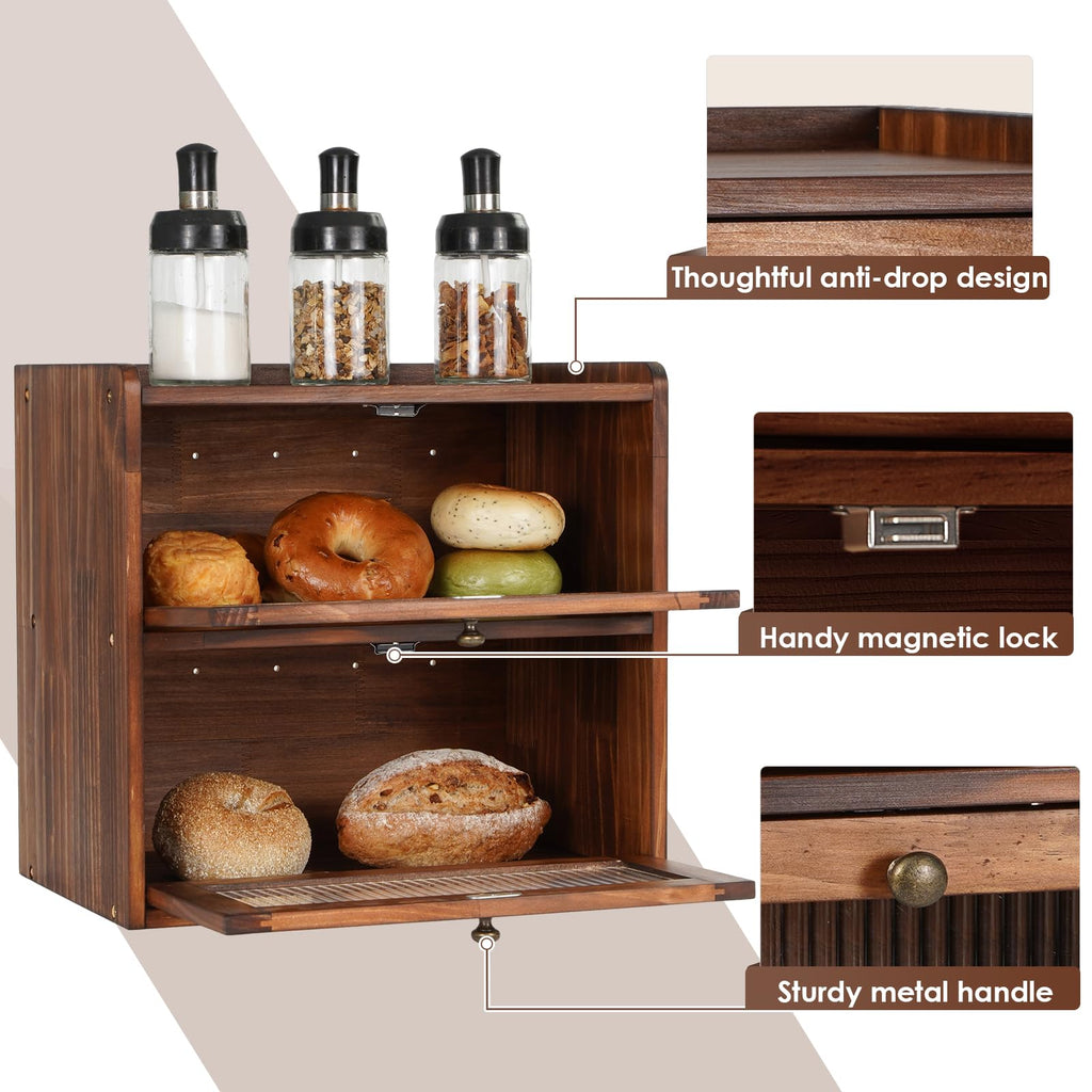 Countertop Wooden Bread Storage Container Bin 2 Layer Breadbox Holder Large Capacity Keeper Vintage Farmhouse Food