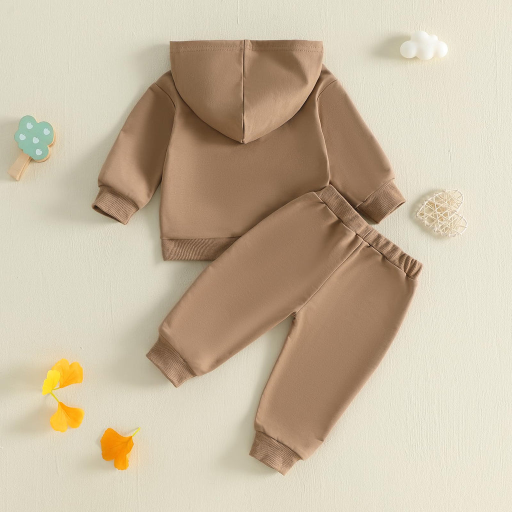 Toddler Baby Boy Clothes Zipper Hooded Sweatshirt Jogger Pants Set (Solid Brown, )
