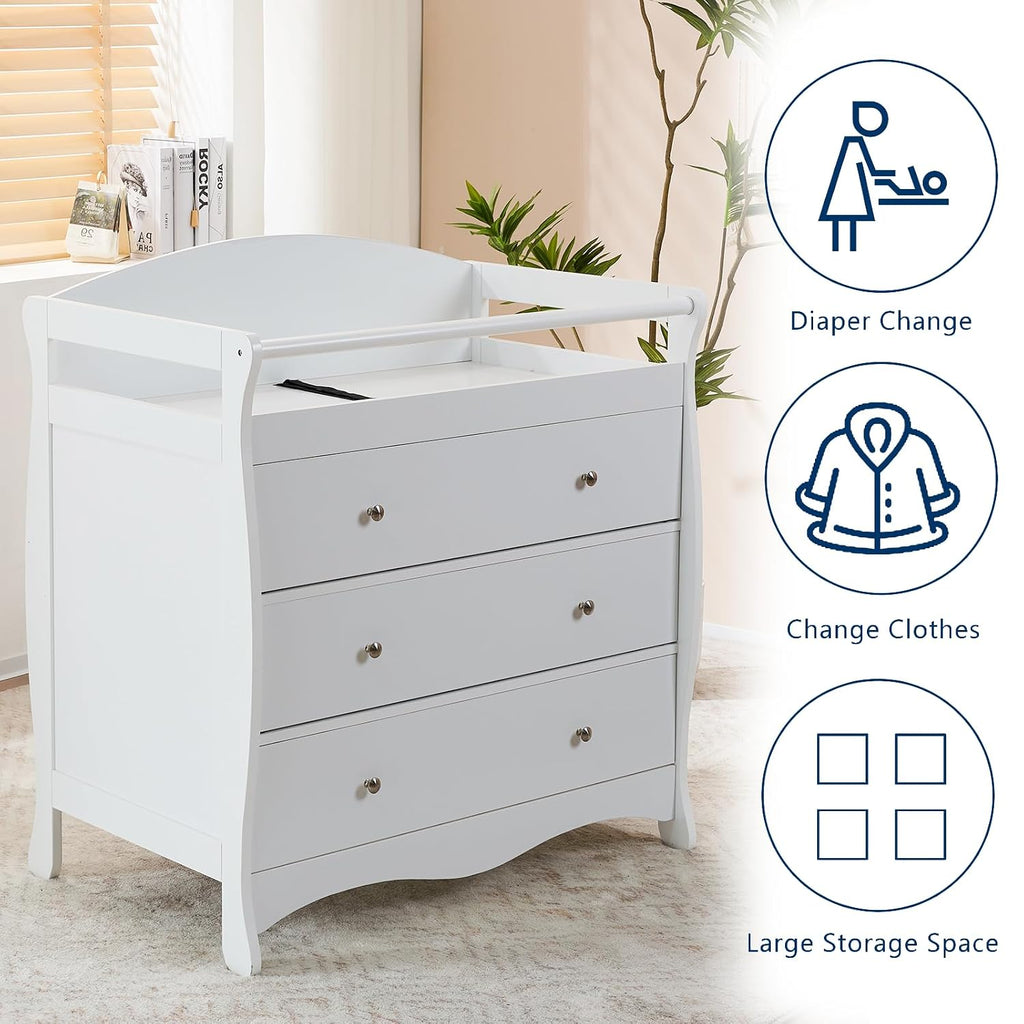 Changing Table Dresser Baby Diaper Changing Station, White | Infant Nursing Table with 3 Drawers, Safety Rail & Strap